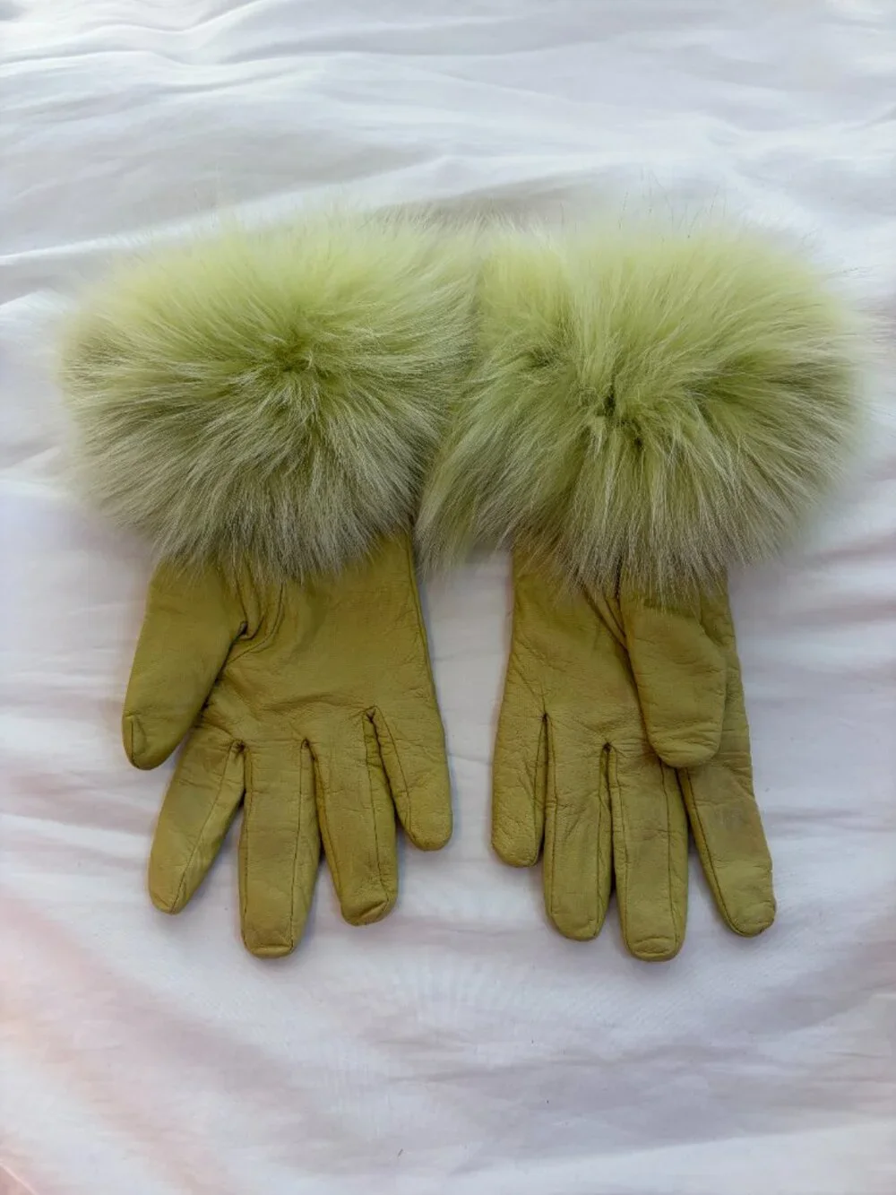 Genuine Leather Vintage Lime Green Wool Blend Fur Cuff Winter Gloves